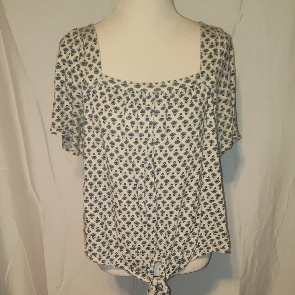 Lucky Brand Floral Print Short Sleeve Square Neck Tie Hem Blouse Womens Size 1X